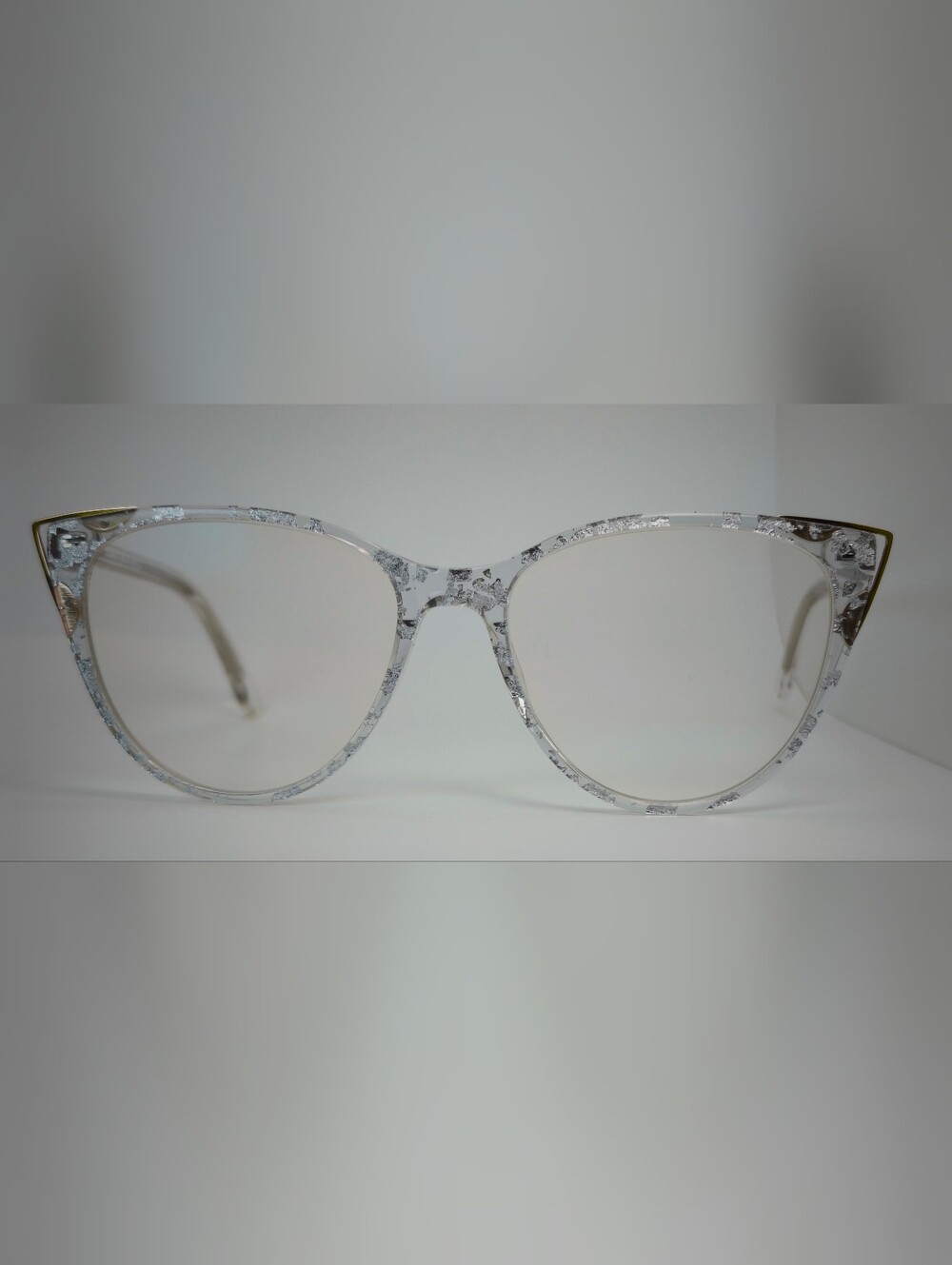 Celebrate. Clear Silver-Accent Cat Eye Womens Glasses. Rose Gold Corners.